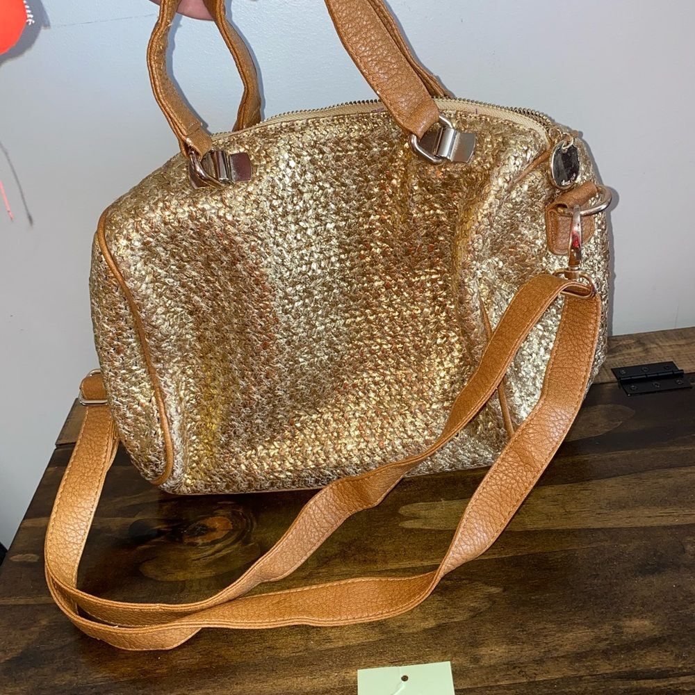Deux Lux Gold Metallic Weave Top Handle & Crossbody Purse Bag
